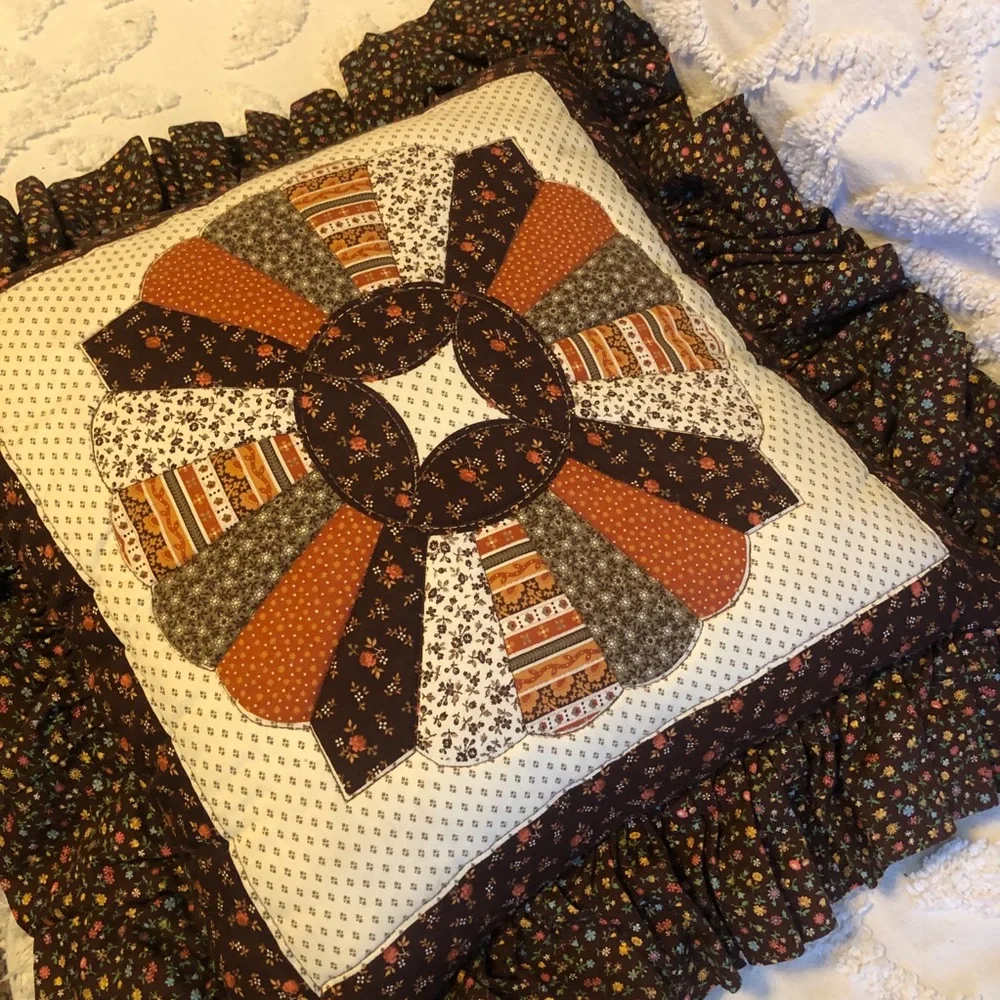 Vintage 70s Patchwork Quilted Ruffled Throw Pillow Cottage Grannycore